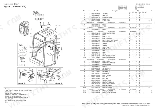 Yanmar Vio55-5 cabin body exploded view diagram and parts list including glass, seals, and mirror components.