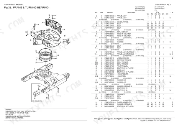 Yanmar Vio55-5 exploded view diagram and parts list for frame and turning bearing assembly components.