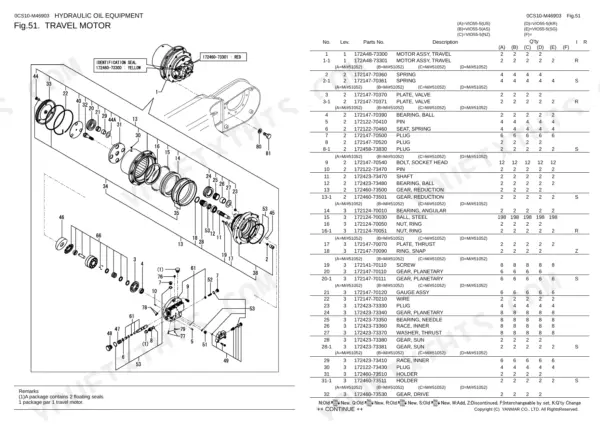 Yanmar Vio55-5 travel motor exploded view diagram and parts list with component numbers and descriptions.