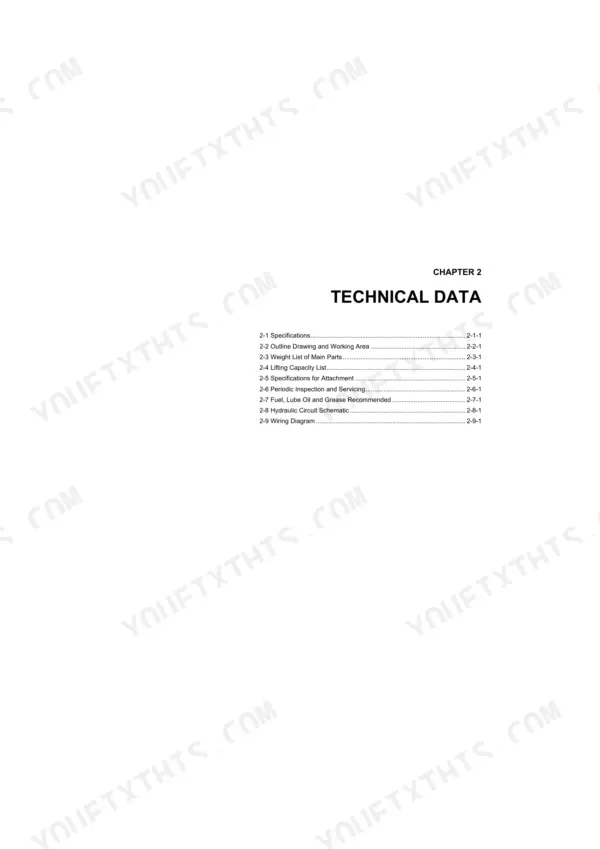 Yanmar ViO57-6A service manual Chapter 2 Technical Data table of contents listing specifications and schematics.