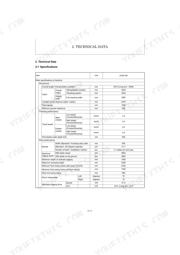 Yanmar ViO57-6A technical data table showing machine dimensions, travel performance, and work performance specifications.
