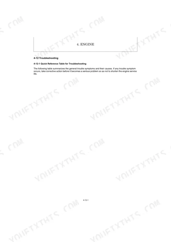 Yanmar ViO57-6A engine troubleshooting quick reference table introduction page.