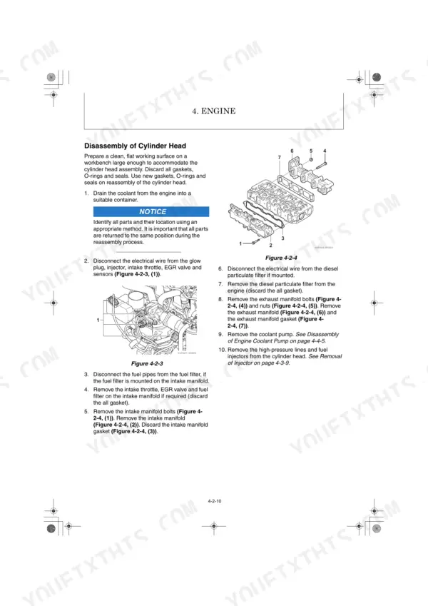 Yanmar ViO57-6B, Vi057-6B engine cylinder head disassembly procedure, intake manifold diagrams, and component removal steps.
