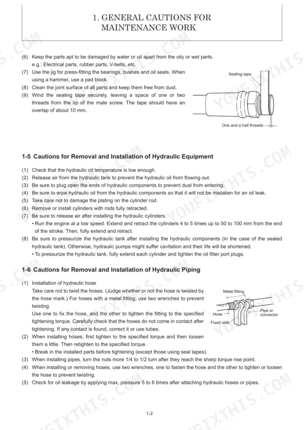 Yanmar ViO57-6B, Vi057-6B maintenance cautions for hydraulic equipment, piping installation, and sealing tape application.