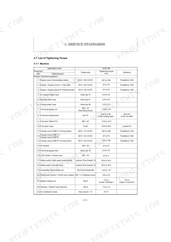 Yanmar ViO57-6B, Vi057-6B service manual torque table for engine and electrical equipment components.