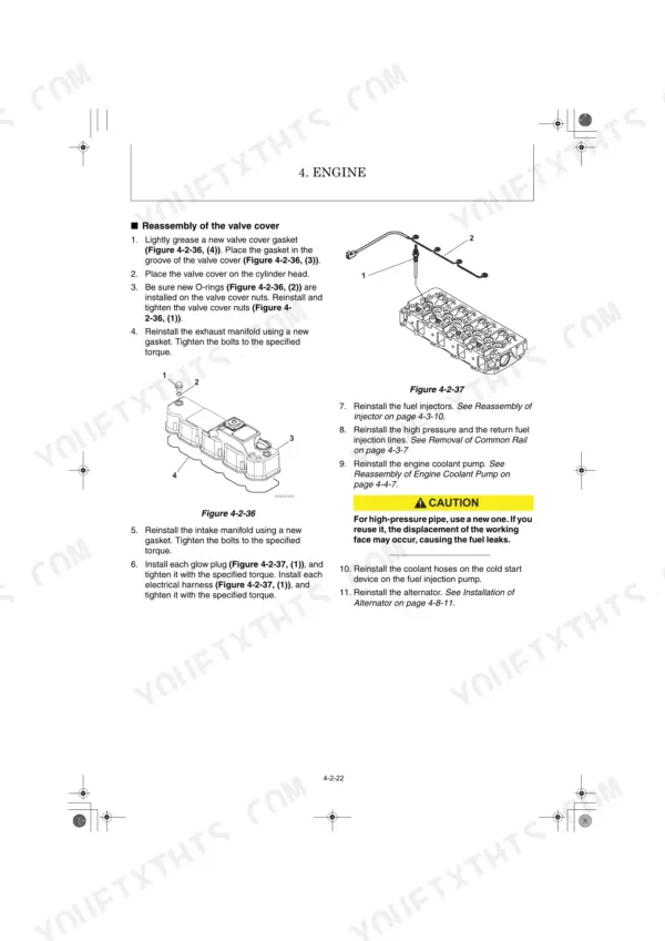 Yanmar ViO57-6B, Vi057-6B engine valve cover reassembly procedure, glow plug and valve cover diagrams.