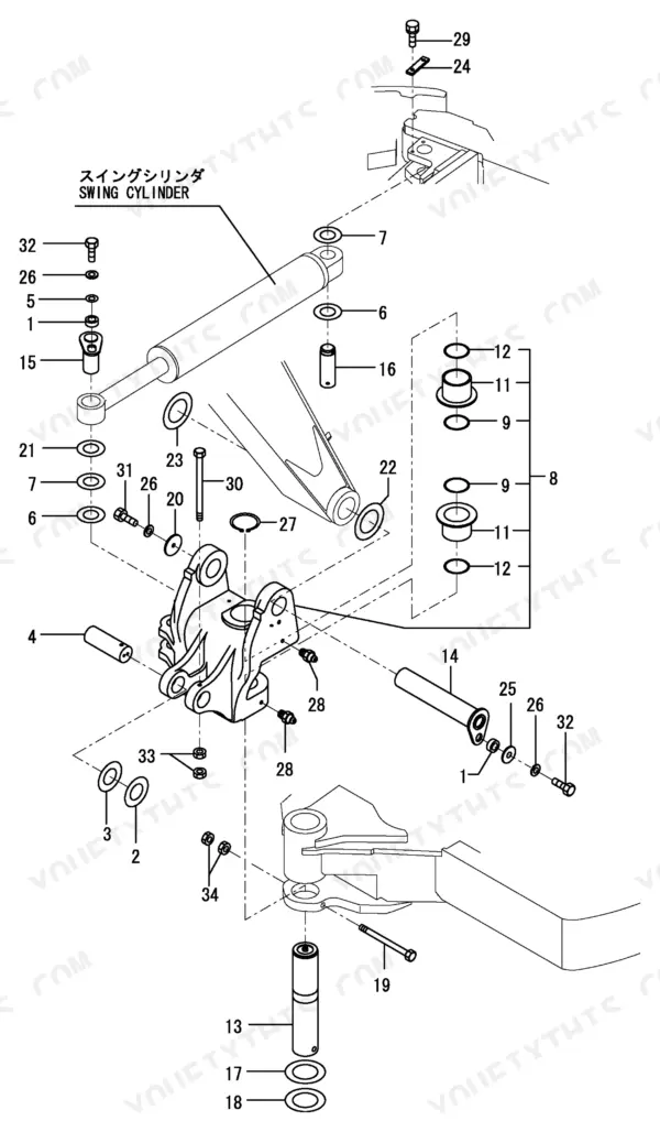 Yanmar VIO70-2 exploded view diagram of the swing cylinder assembly, pins, bushings, and mounting hardware.