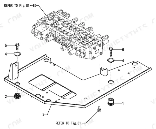 Yanmar VIO70-2 exploded view of hydraulic control valve mounting plate, bolts, washers, and rubber mounts.