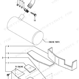 Yanmar VIO70-2 exploded view diagram showing muffler exhaust pipe assembly and engine compartment insulation panels.