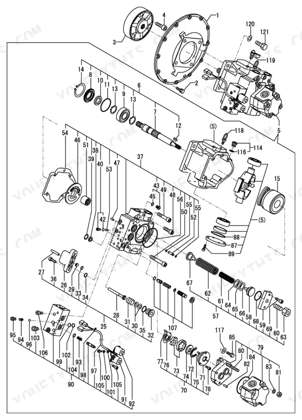 Yanmar VIO70-2 exploded view diagram of the hydraulic pump assembly with numbered components and internal valve parts.