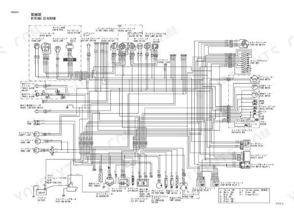 Yanmar VIO70-2 electrical wiring diagram showing cabin switches, fuse box, indicator box, relays, and engine sensors.