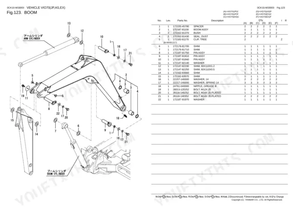 Yanmar VIO70 exploded view diagram and parts list for boom assembly, including arm and boom cylinder components.