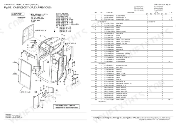 Yanmar VIO70 parts diagram and list for cabin body assembly, showing components like grommets, seals, and fasteners.