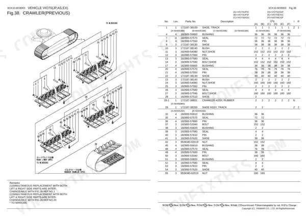 Yanmar VIO70 exploded view diagram and parts list for crawler track assembly, including shoe, bushing, seal, pin, and bolt components.