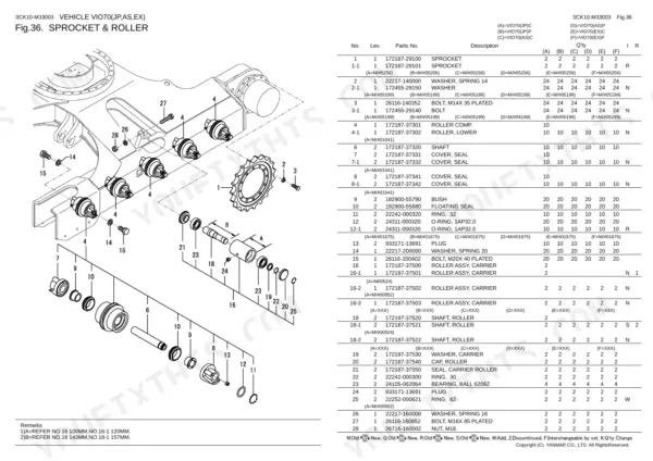 Yanmar VIO70 exploded view parts diagram and list for sprocket and roller assembly components.