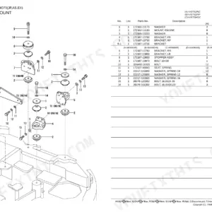Yanmar VIO70 engine mount exploded view diagram and parts list showing brackets, bolts, washers, and stopper assembly.