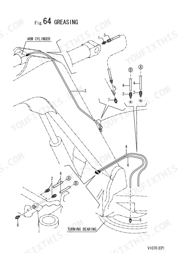 Yanmar ViO70 greasing system diagram showing arm cylinder and turning bearing lubrication lines and grease fittings.