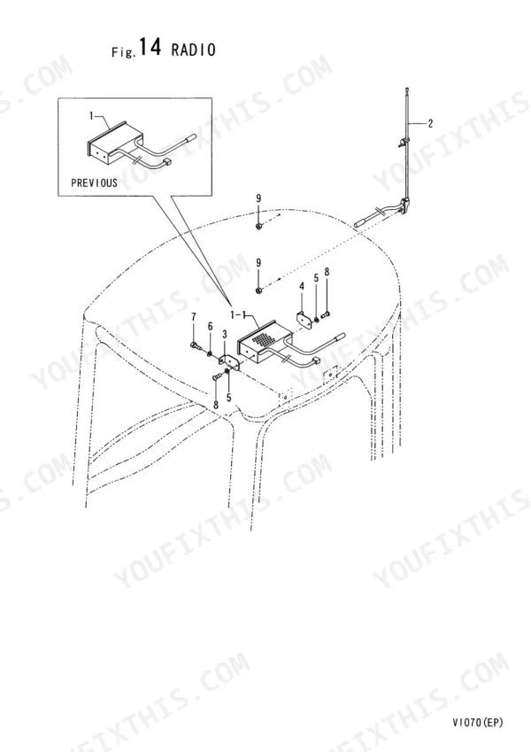 Yanmar ViO70 exploded view diagram of radio components, antenna, and mounting hardware for the cabin roof.