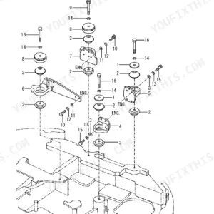 Yanmar ViO70 exploded view diagram of engine mount components, including rubber mounts, brackets, bolts, and washers.