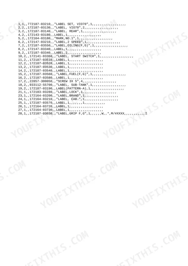 Yanmar ViO70 parts list table showing part numbers and descriptions for various machine labels and decals.