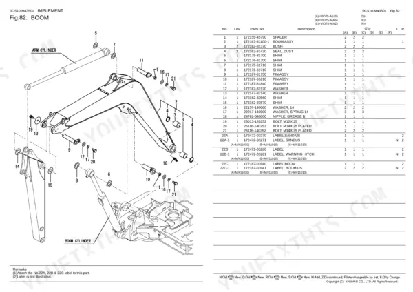 Yanmar Vio75-A boom assembly exploded view diagram and parts list with pins, bushings, and arm cylinder components.