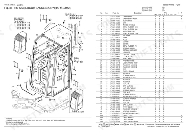 Yanmar Vio75-A cabin body accessory parts diagram and list with numbered components, seals, and hardware.