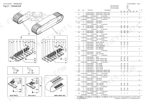 Yanmar Vio75-A crawler parts diagram and list, showing track shoe assembly, links, pins, and bushings with part numbers.