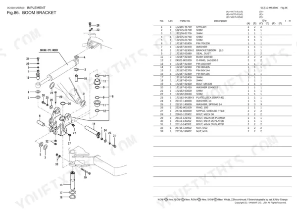 Yanmar VIO75-C exploded view diagram and parts list for the boom bracket and swing cylinder assembly.