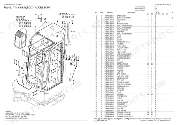 Yanmar VIO75-C cabin body and accessory parts diagram with numbered component list and hardware specifications.