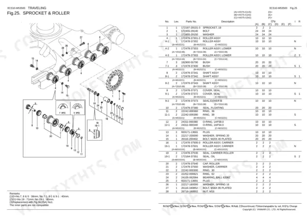 Yanmar VIO75-C parts list and exploded view diagram of the traveling sprocket and roller assembly components.