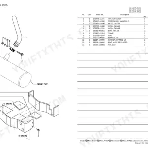 Yanmar VIO75-C muffler exploded view diagram and parts list including exhaust pipe, manifold cover, and mounting hardware.