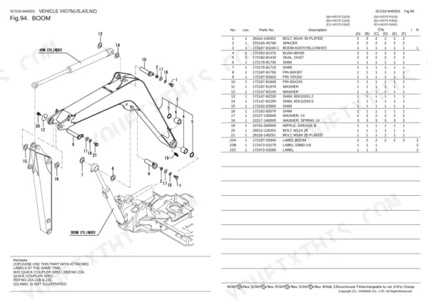 Yanmar VIO75 boom assembly exploded view diagram with parts list including pins, bushings, shims, and boom cylinder components.