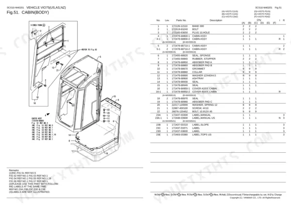 Yanmar VIO75 exploded view diagram and parts list for cabin body assembly, including seals, bolts, and labels.
