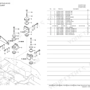 Yanmar VIO75 engine mount exploded view diagram and parts list including brackets, engine mounts, and hardware.