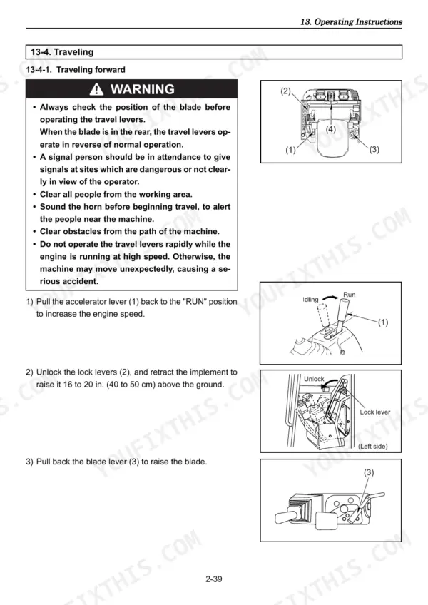 Yanmar ViO75 operating instructions for traveling forward, including safety warnings and lever operation diagrams.