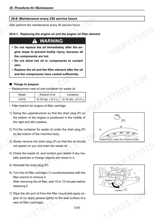 Yanmar ViO75 maintenance procedure for replacing engine oil and oil filter element with drain plug and filter diagrams.