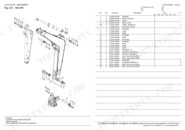 Yanmar VIO80-1A (US) exploded view diagram and parts list for the boom assembly and associated hardware components.