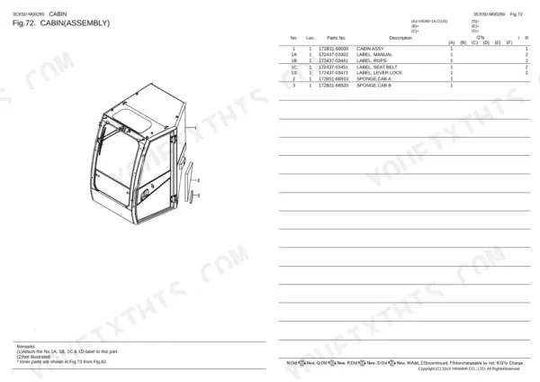 Yanmar VIO80-1A (US) cabin assembly exploded view diagram and parts list for cab components and labels.