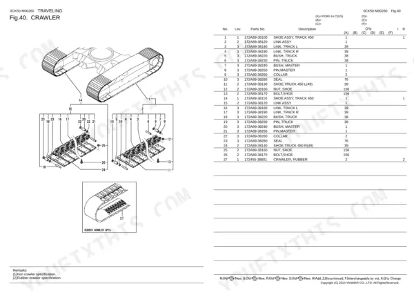 Yanmar VIO80-1A (US) crawler parts diagram and table showing track shoe, link, bush, pin, and rubber crawler components.