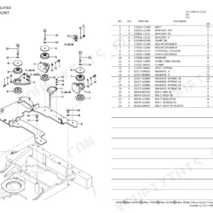 Yanmar VIO80-1A (US) engine mount exploded view diagram and parts list with bolts, brackets, and mounts.