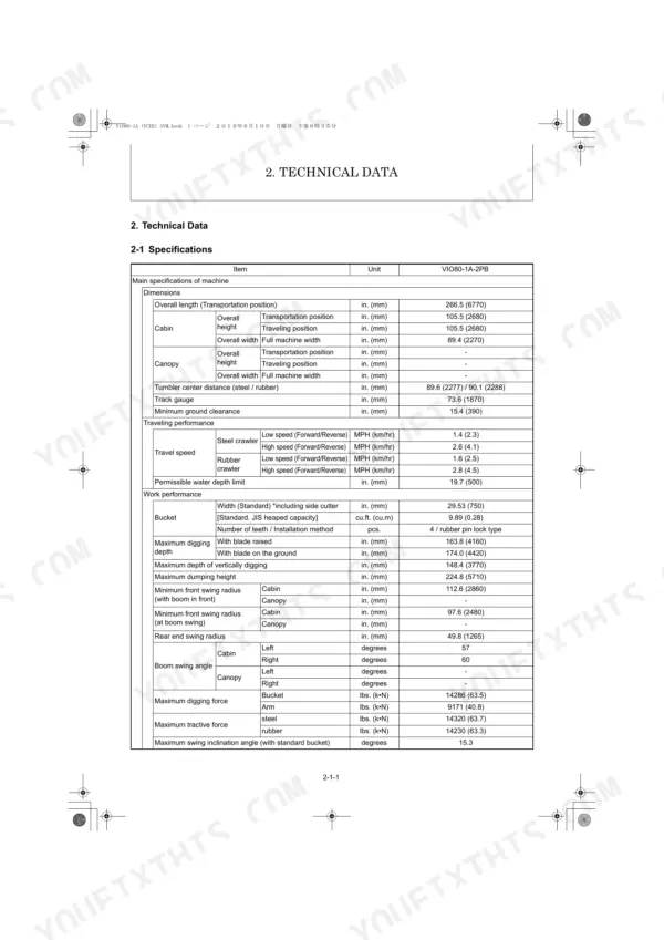 Yanmar ViO80-1A, ViO80-1A-2PB technical data table showing machine dimensions, travel performance, and work specifications.