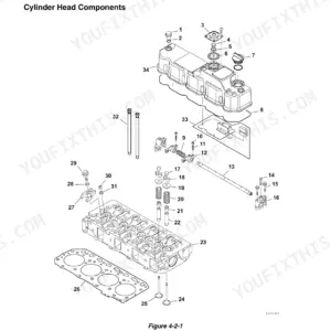 Yanmar ViO80-1A (YCEE) exploded view diagram of engine cylinder head components, including valves, springs, and rocker arm.