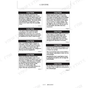 Yanmar ViO80 engine service manual page showing caution procedures for battery, starter motor, and turbocharger maintenance.