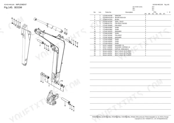 Yanmar VIO82 exploded view diagram and parts list for boom assembly, including pins, shims, bolts, and washers.