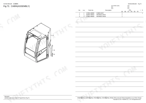 Yanmar VIO82 cabin assembly exploded view diagram with parts list for cabin and sponge components.