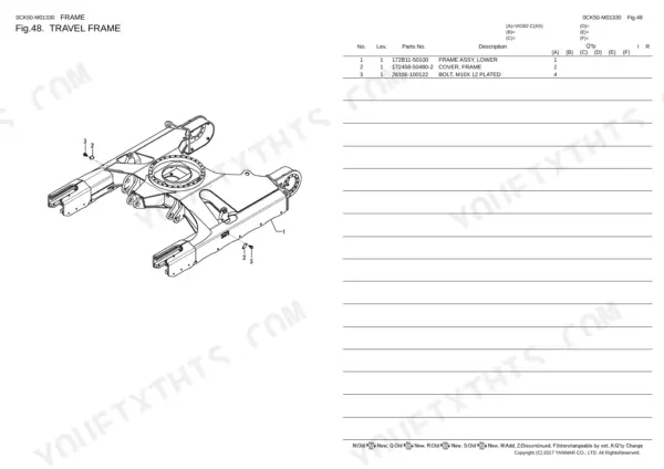 Yanmar VIO82 travel frame exploded view diagram and parts list for lower frame assembly, covers, and M10 bolts.