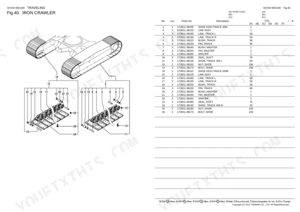Yanmar VIO82 iron crawler parts diagram and list showing track shoe, link, bush, pin, and bolt assembly components.