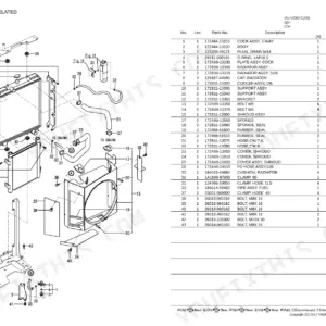 Yanmar VIO82 radiator exploded view diagram and parts list including hoses, clamps, shroud, and mounting hardware.