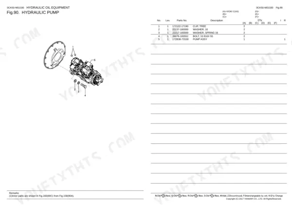 Yanmar VIO82 hydraulic pump exploded view diagram and parts list including pump assembly, bolts, and washers.