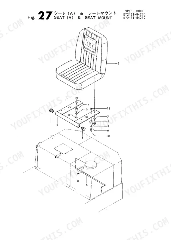 Yanmar YB101, B10, YB101-2, YB101UZ(-2), B10-R, EXCAVATOR (YB) exploded view diagram of seat (A) and seat mount assembly.